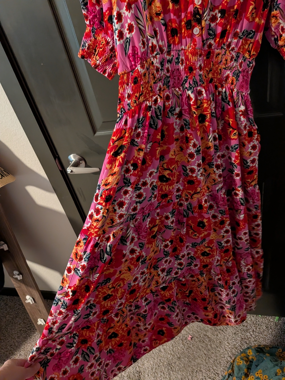 Pink Floral Puff-Sleeve Smocked Midi Dress